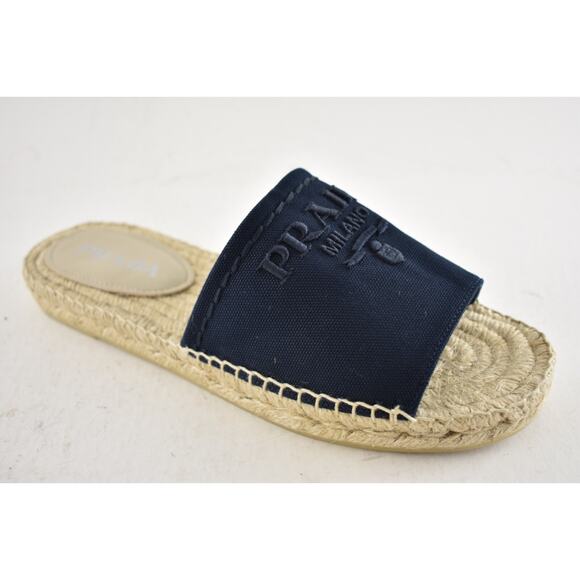 Prada Baltico Blue Canvas Plaque Logo Slide Open Toe Sandal Espadrille Flat 38 - Picture 6 of 16